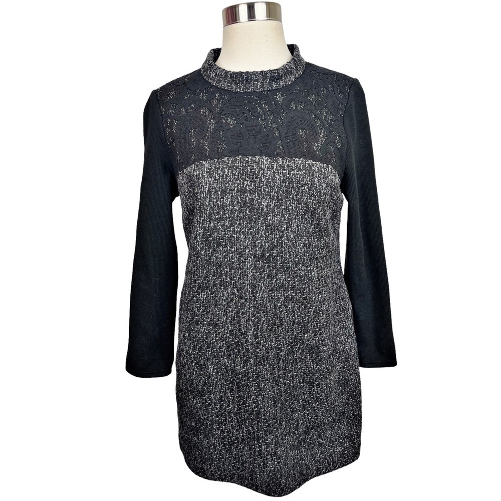 NWT Grey & Black Mock Neck L/S Sweater‎ Dress With Lace Bodice Detail Size XL